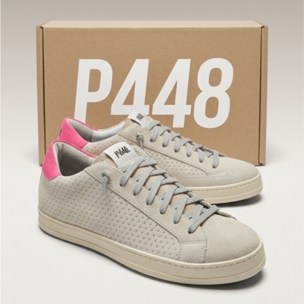 P448 Suede Sneakers in Light Gray with Pink Heels NEW IN BOX WITH DUSTBAG